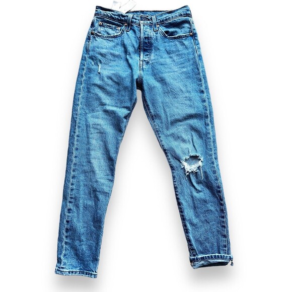 Levi’s 501 Skinny Jeans W28 L26 Button Fly Distressed Knee Vintage Blue Denim - Picture 3 of 16